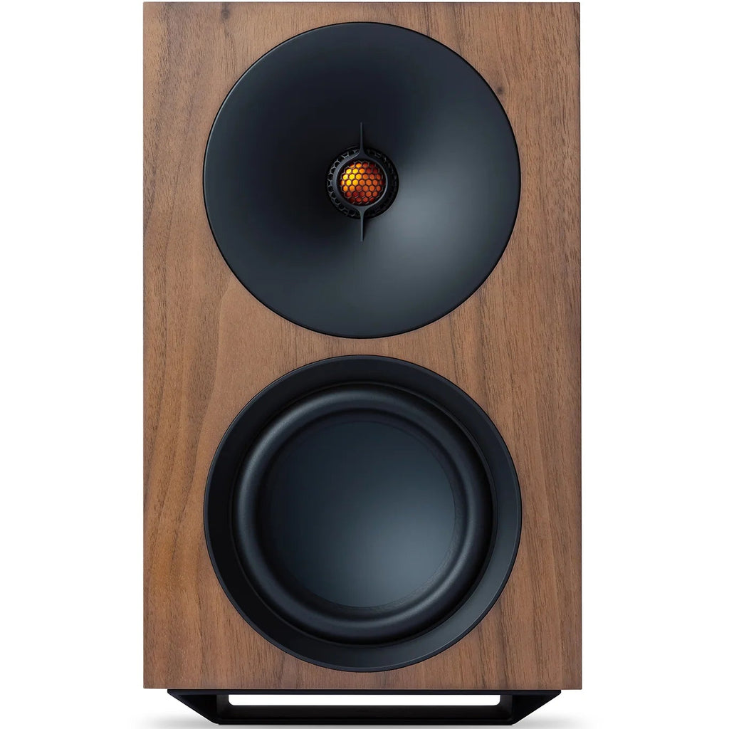 Cambridge Audio L/R X active bookshelf speakers in walnut finish showing front view with drivers and textured surface.