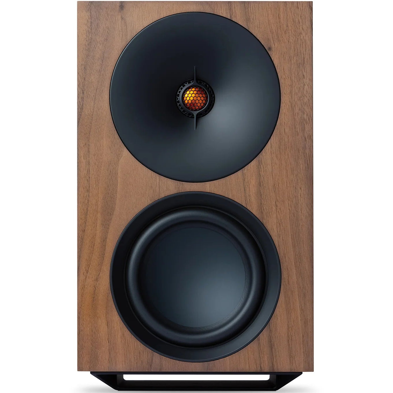 Cambridge Audio L/R X active bookshelf speakers in walnut finish showing front view with drivers and textured surface.
