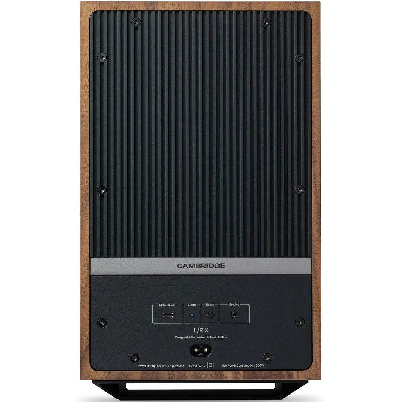 Cambridge Audio L/R X active bookshelf speakers in walnut finish, showcasing sleek design and front-facing drivers.