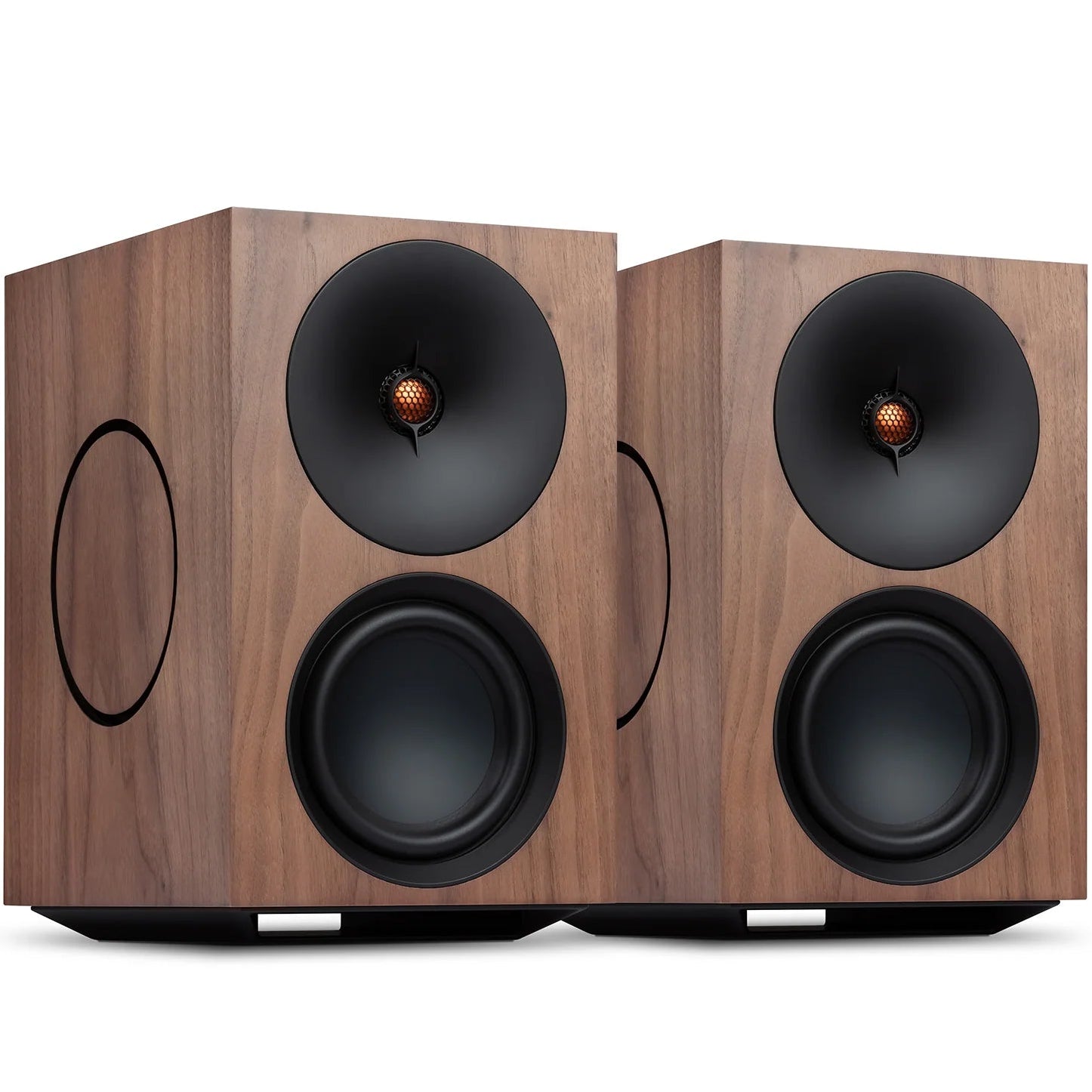 Cambridge Audio L/R X active bookshelf speakers in walnut finish, showcasing sleek design and wood grain texture.