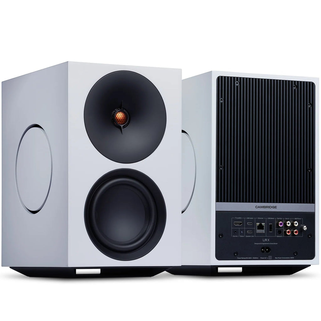 Cambridge Audio L/R X active bookshelf speakers in white, showing front view with drivers and sleek design