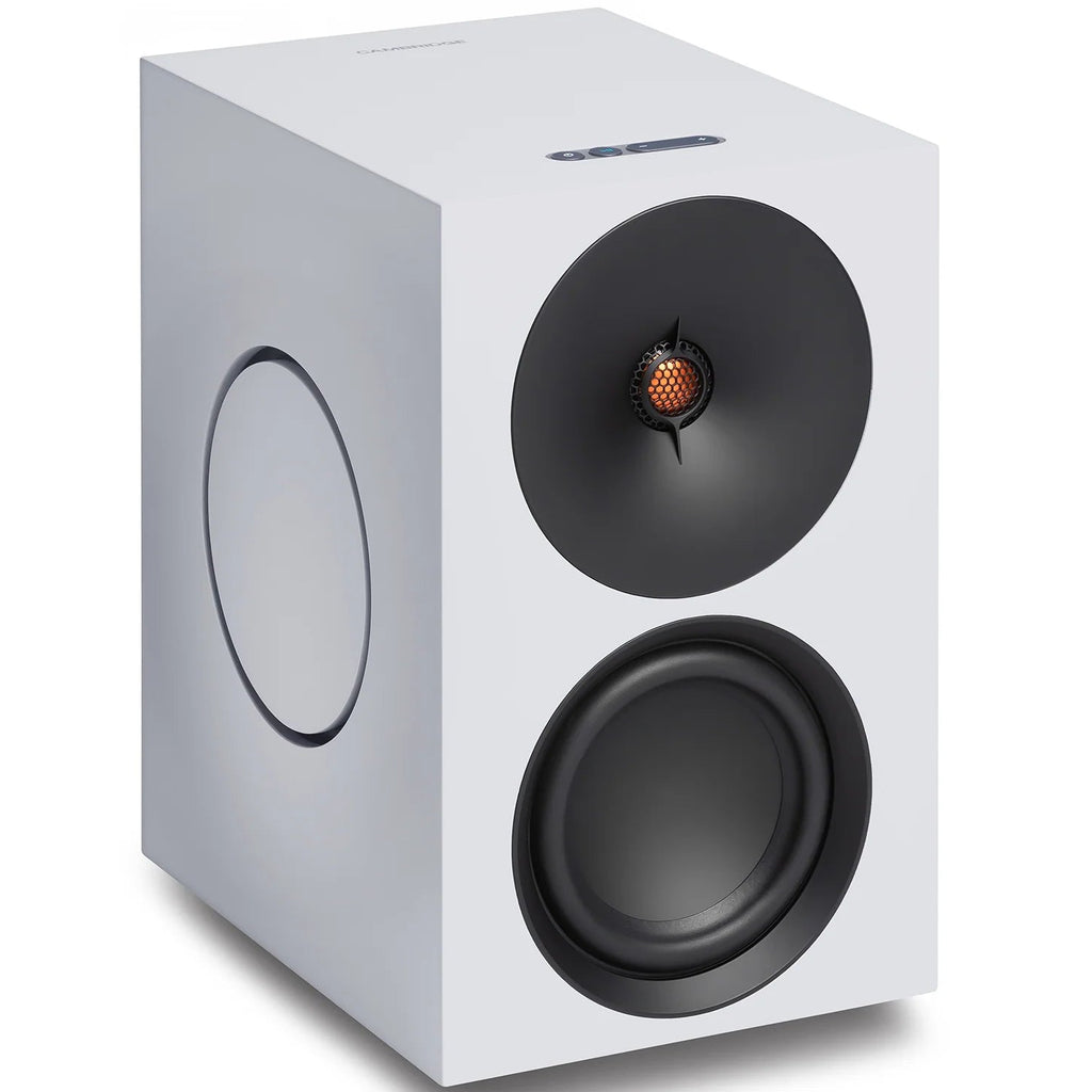 Cambridge Audio L/R X active bookshelf speakers in white showing the sleek front and side design with speaker grille and branding