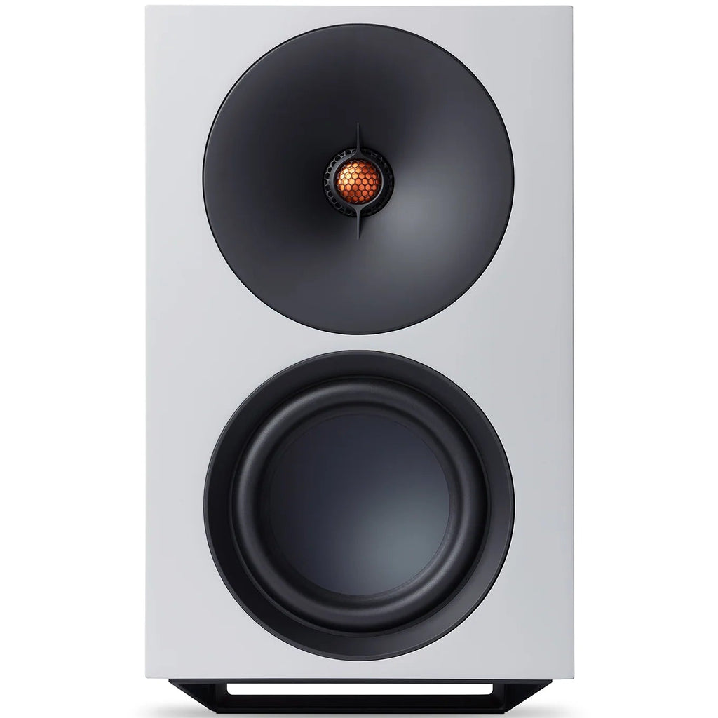 Cambridge Audio L/R X active bookshelf speakers in white, showcasing sleek design and compact size for home audio setup.