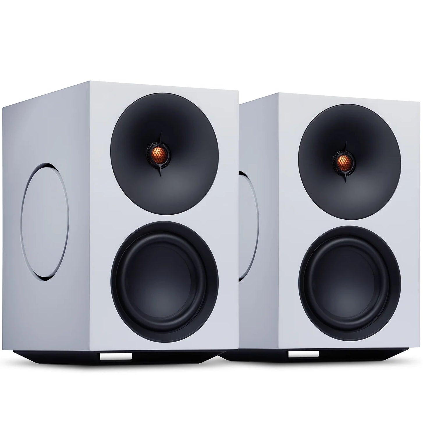 Cambridge Audio L/R X active bookshelf speakers in white with sleek design and front-facing drivers for high-quality sound.