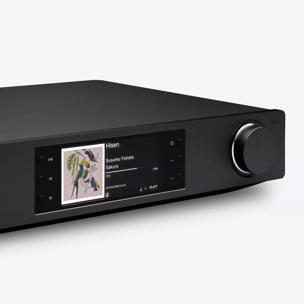 Cambridge Audio CXN100 SE music streamer in black with front display and control buttons, showcasing sleek modern design.