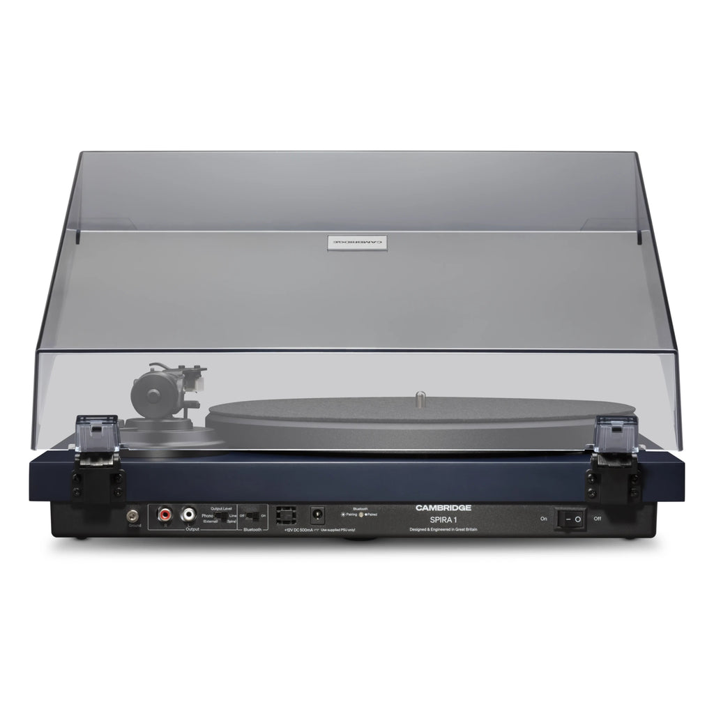 Cambridge Audio Spira turntable in Blue, rear panel with RCA output, phono switch and Bluetooth