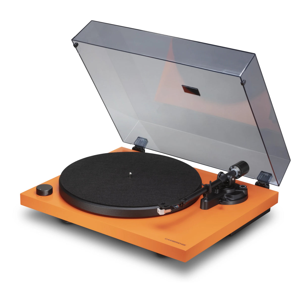 Cambridge Audio Spira turntable in Orange, front three-quarter view with dust cover open