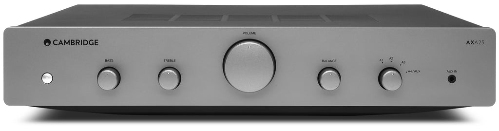 Cambridge Audio AXA25 stereo amplifier front view showing knobs and input ports for high-quality audio output.