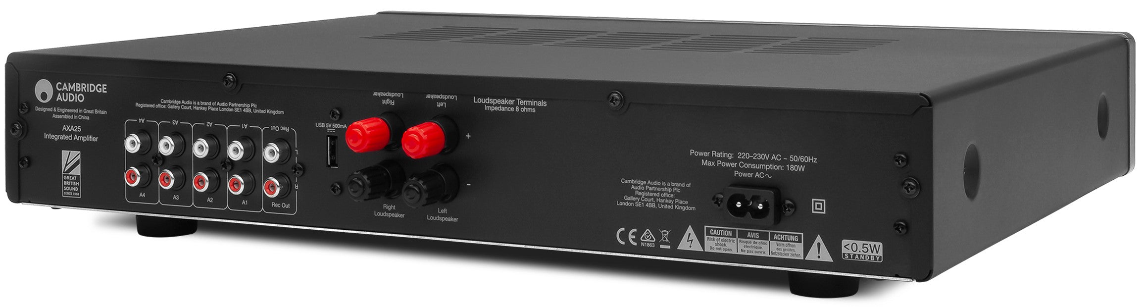 Cambridge Audio AXA25 stereo amplifier with sleek black design and front control knobs, showcasing its compact audio equipment.