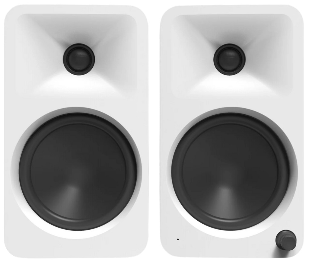 Kanto Audio Ora 4 desktop speakers with black finish, featuring sleek design and dual speaker drivers for high-quality sound.