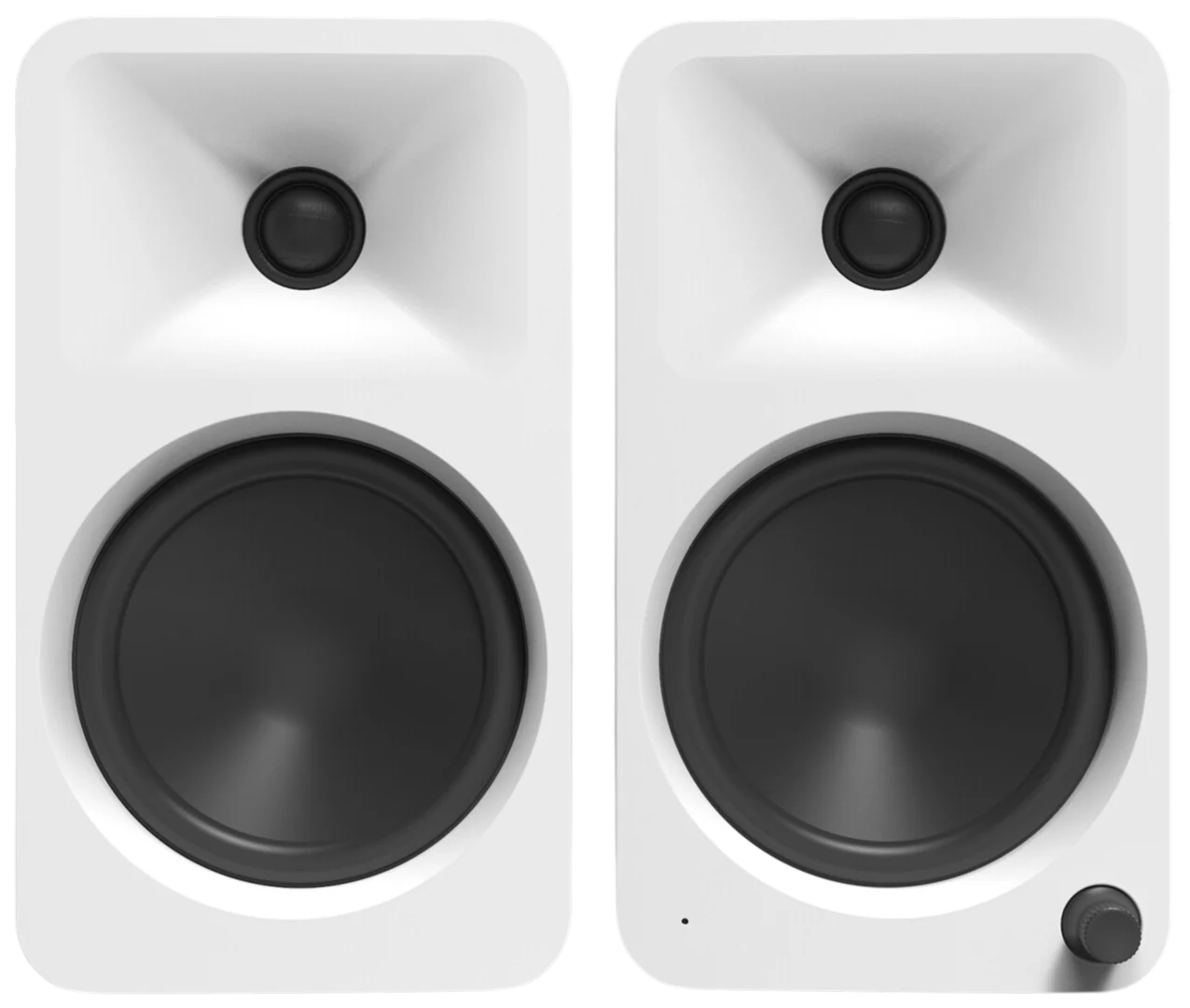 Kanto Audio Ora 4 desktop speakers with black finish, featuring sleek design and dual speaker drivers for high-quality sound.
