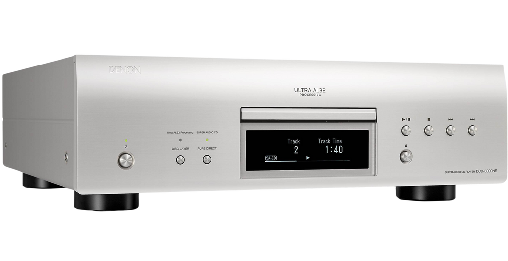 Denon DCD-3000NE high-end CD player with sleek black design and front-loading disc tray, showcasing premium audio equipment.