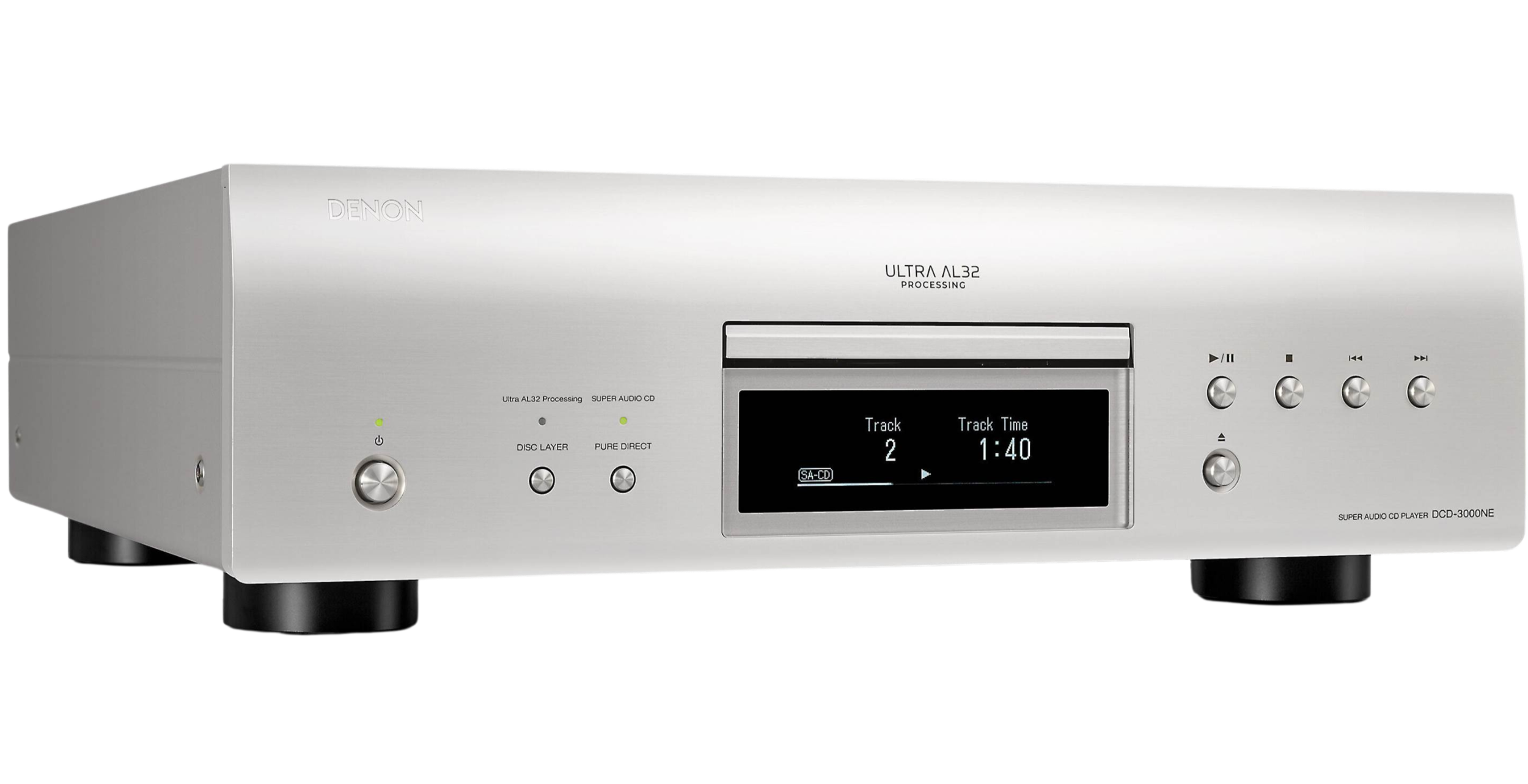 Denon DCD-3000NE high-end CD player with sleek black design and front-loading disc tray, showcasing premium audio equipment.