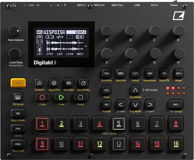 Elektron Digitakt II drum machine and sampler with colorful interface and knobs, used for music production and beat making.