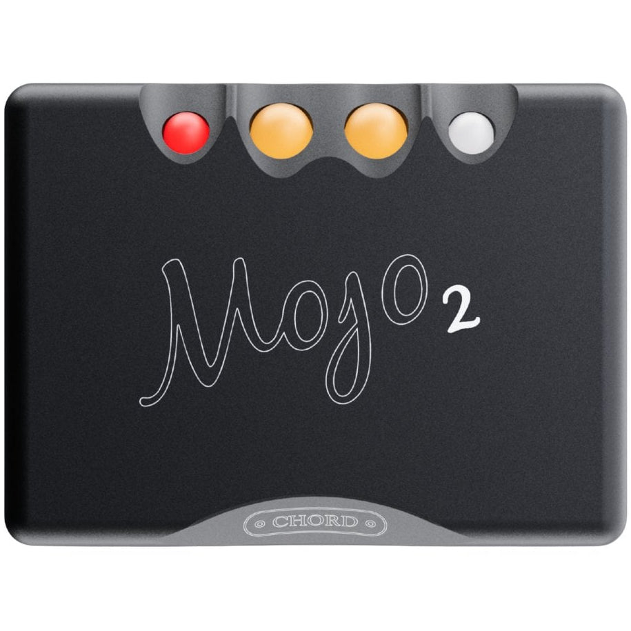 Chord Electronics Mojo 2 portable headphone amplifier and DAC with multiple output ports and sleek black design.