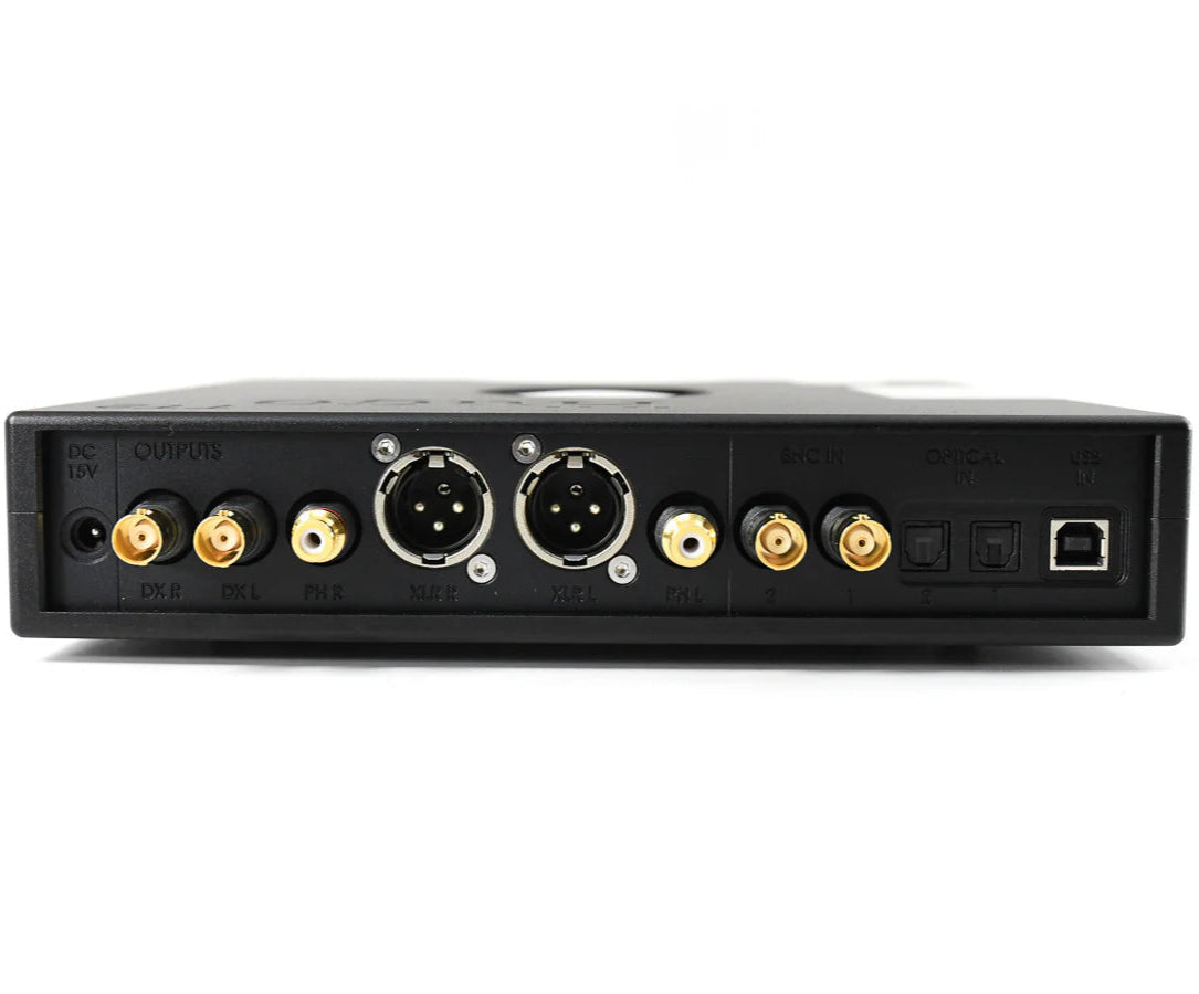 Black Chord Electronics Hugo TT2 headphone amplifier and DAC with sleek design and multiple connection ports visible.