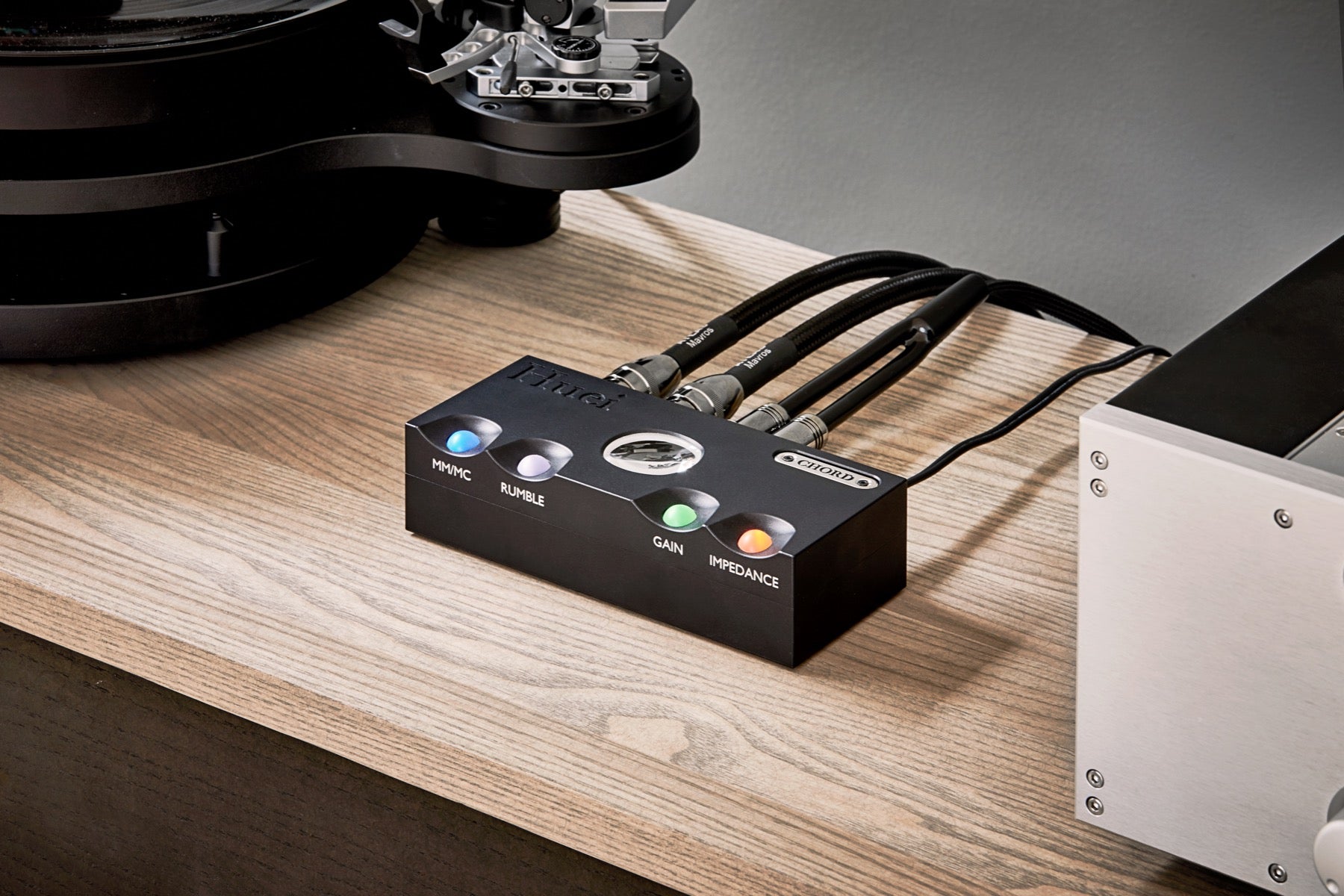 Chord Electronics Huei phono preamp with sleek black design and control knobs, showcasing high-quality audio equipment for vinyl enthusiasts.