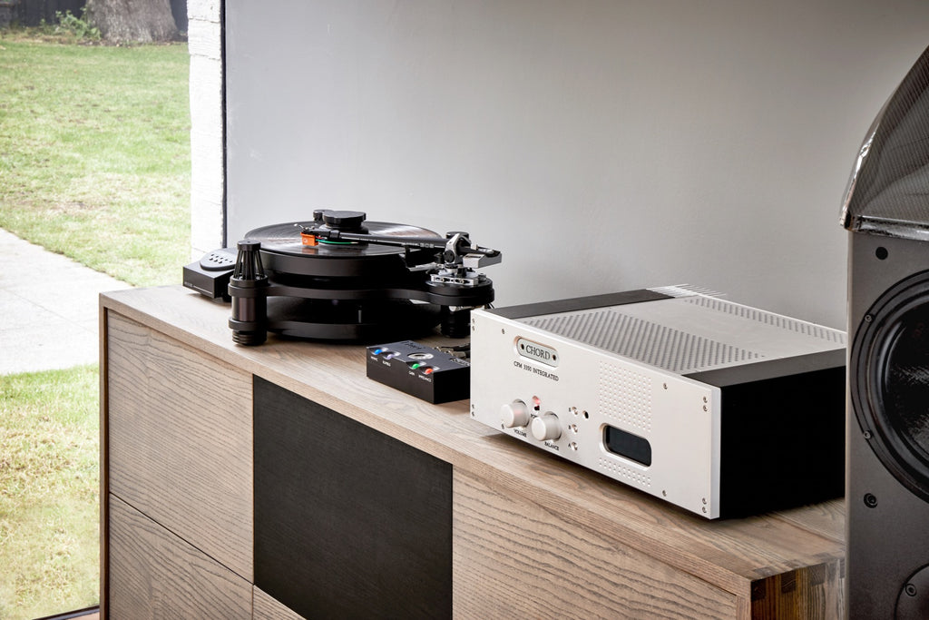 Chord Electronics Huei phono preamp with sleek design and control knobs, perfect for high-quality vinyl record playback.