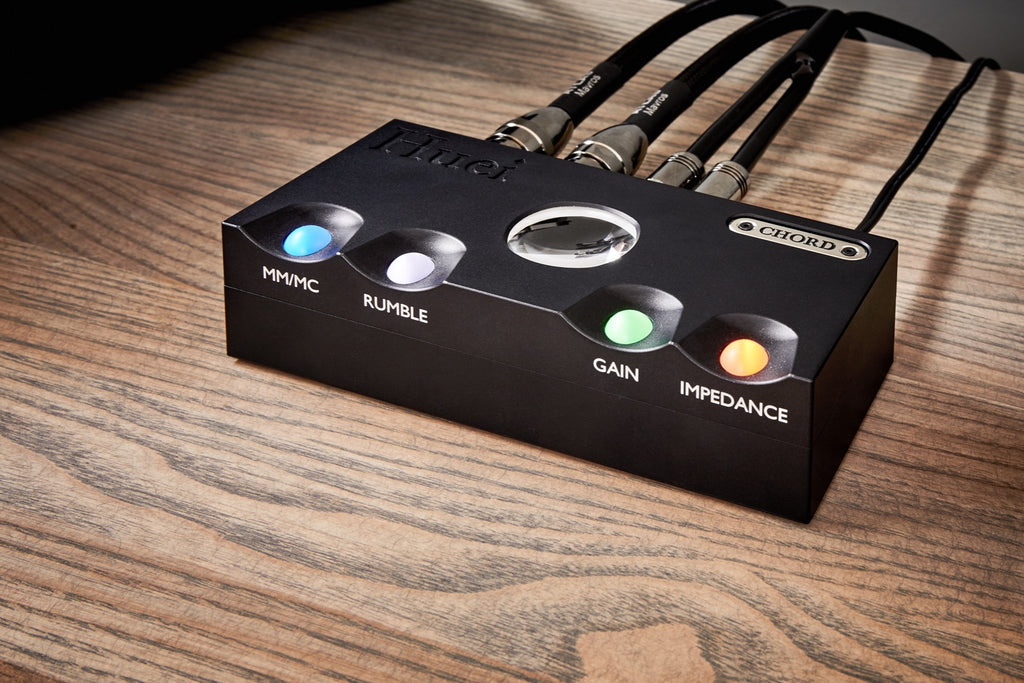 Chord Electronics Huei phono preamp with sleek design and control knobs, showcasing high-quality audio equipment for vinyl enthusiasts.