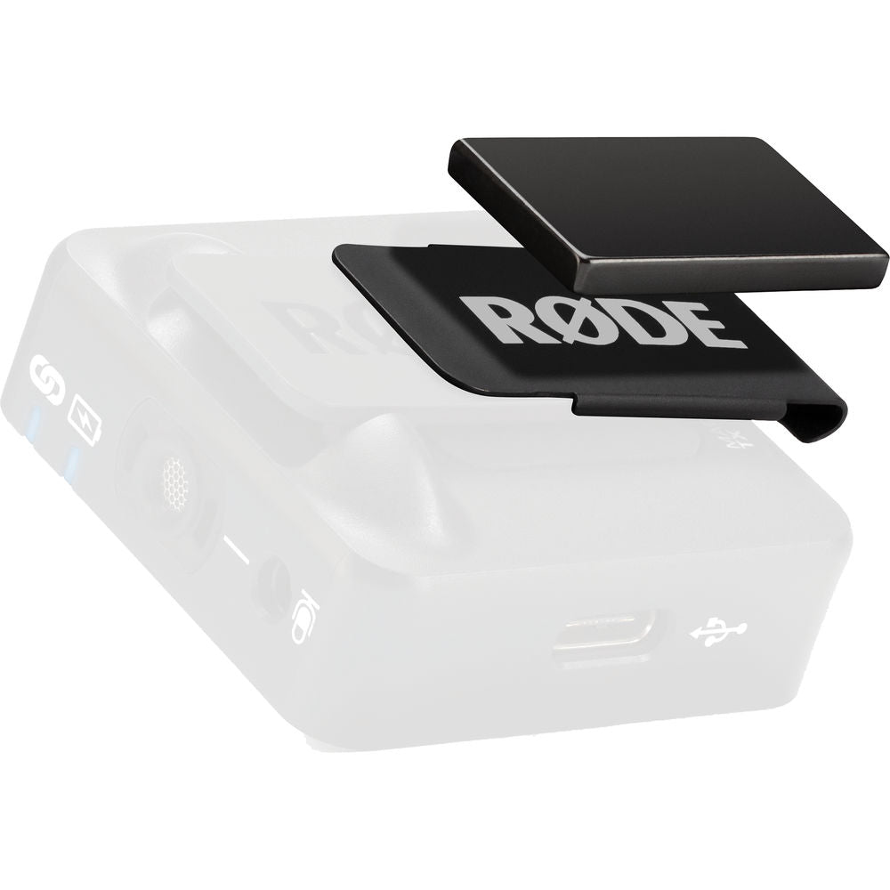Rode MagClip GO wireless microphone magnet clip attached to a microphone, designed for Rode Wireless GO accessories.