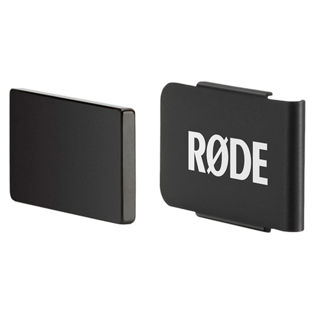 Rode MagClip GO magnetic clip for Wireless GO microphone, shown attached to a device for secure audio setup.