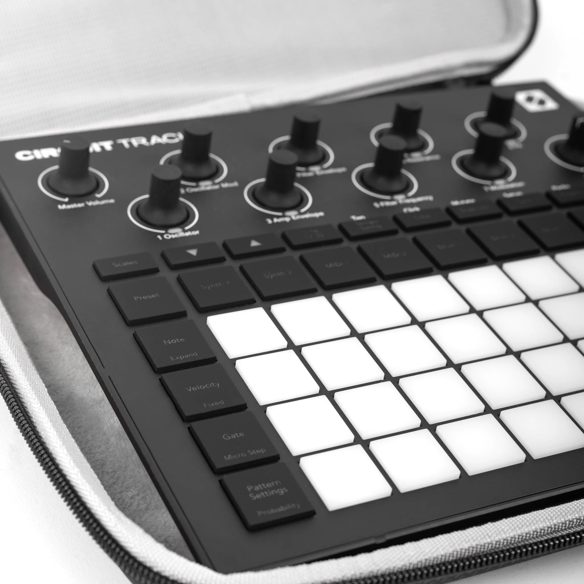 Close-up of the Analog Cases Glide Case for Novation Circuit Tracks and Rhythm, showing durable studio bag material and secure zipper.