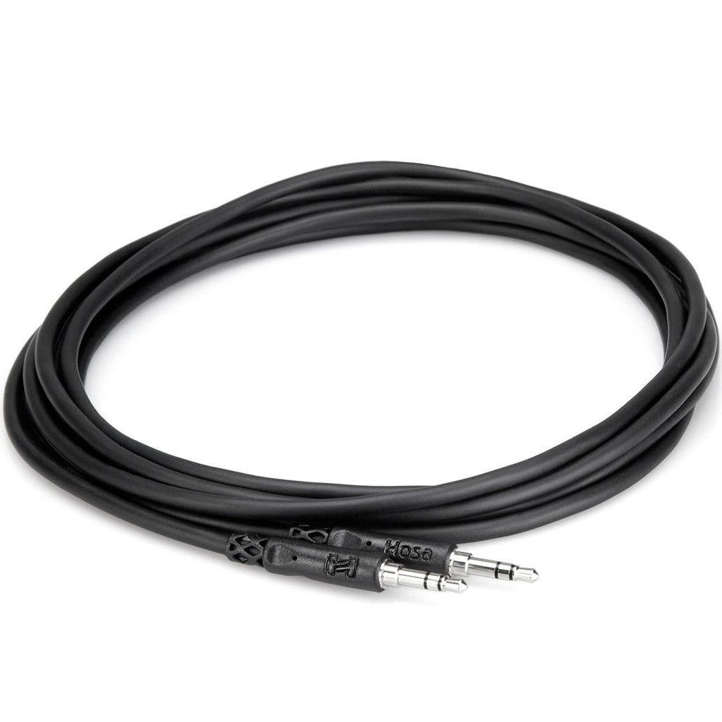 Hosa CMM-103 1m 3.5mm TRS to TRS audio cable coiled with colorful RGB background
