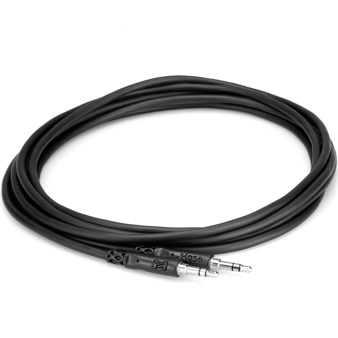 Hosa CMM-103 1m 3.5mm TRS to TRS audio cable coiled with colorful RGB background