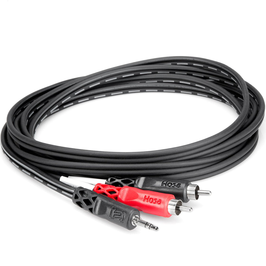Hosa CMR-206 2m 3.5mm TRS to dual RCA Y-cable, coiled cable with red and blue connectors for audio connections.