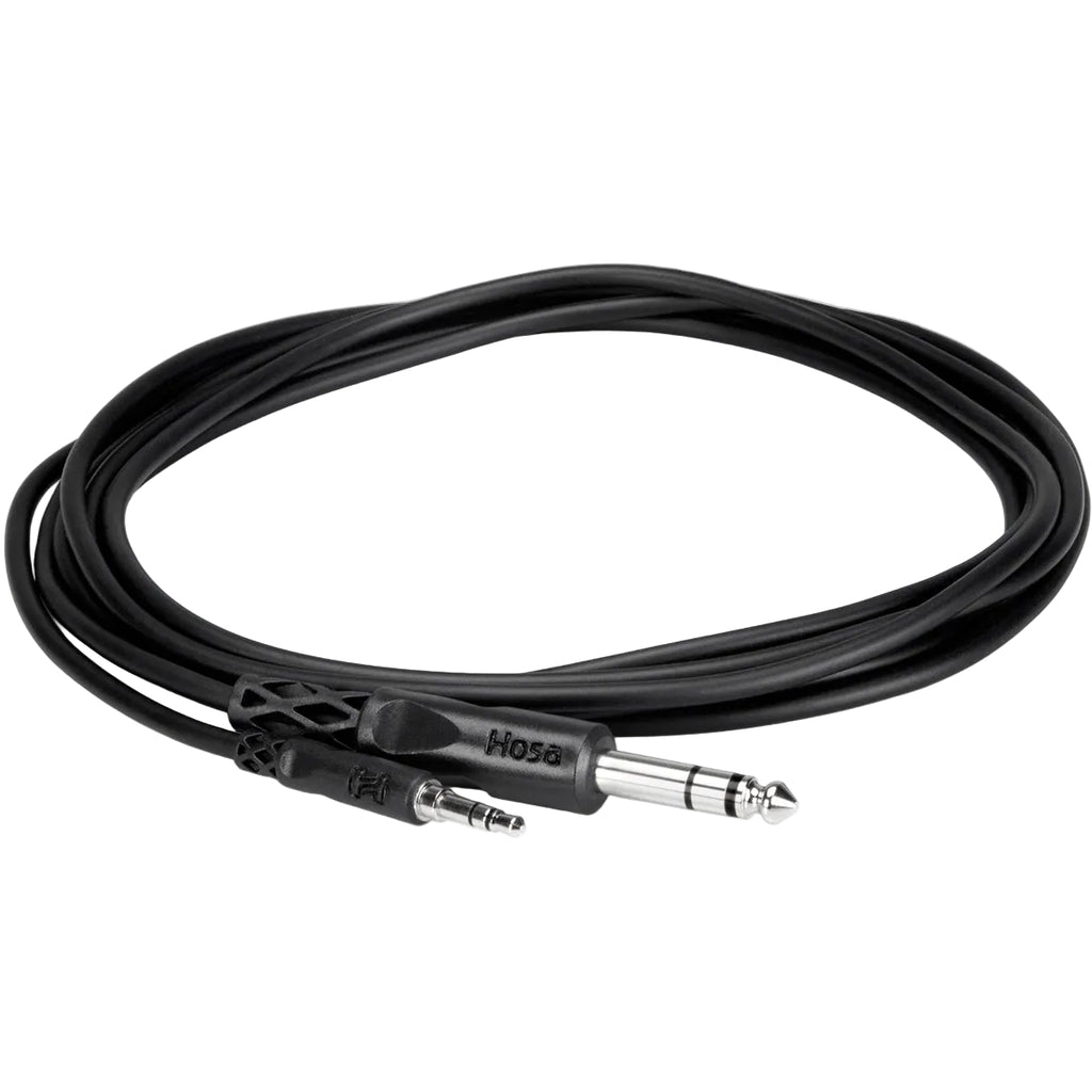 Hosa CMS-105 1.5m TRS to TRS audio cable coiled, with 3.5mm and 6.3mm TRS connectors for professional audio connections