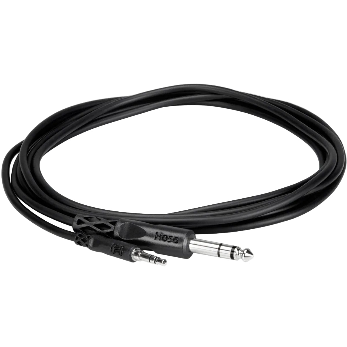 Hosa CMS-105 1.5m TRS to TRS audio cable coiled, with 3.5mm and 6.3mm TRS connectors for professional audio connections