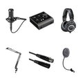 Collage showing the Audio-Technica AT 2035 microphone bundle with accessories for professional audio recording.