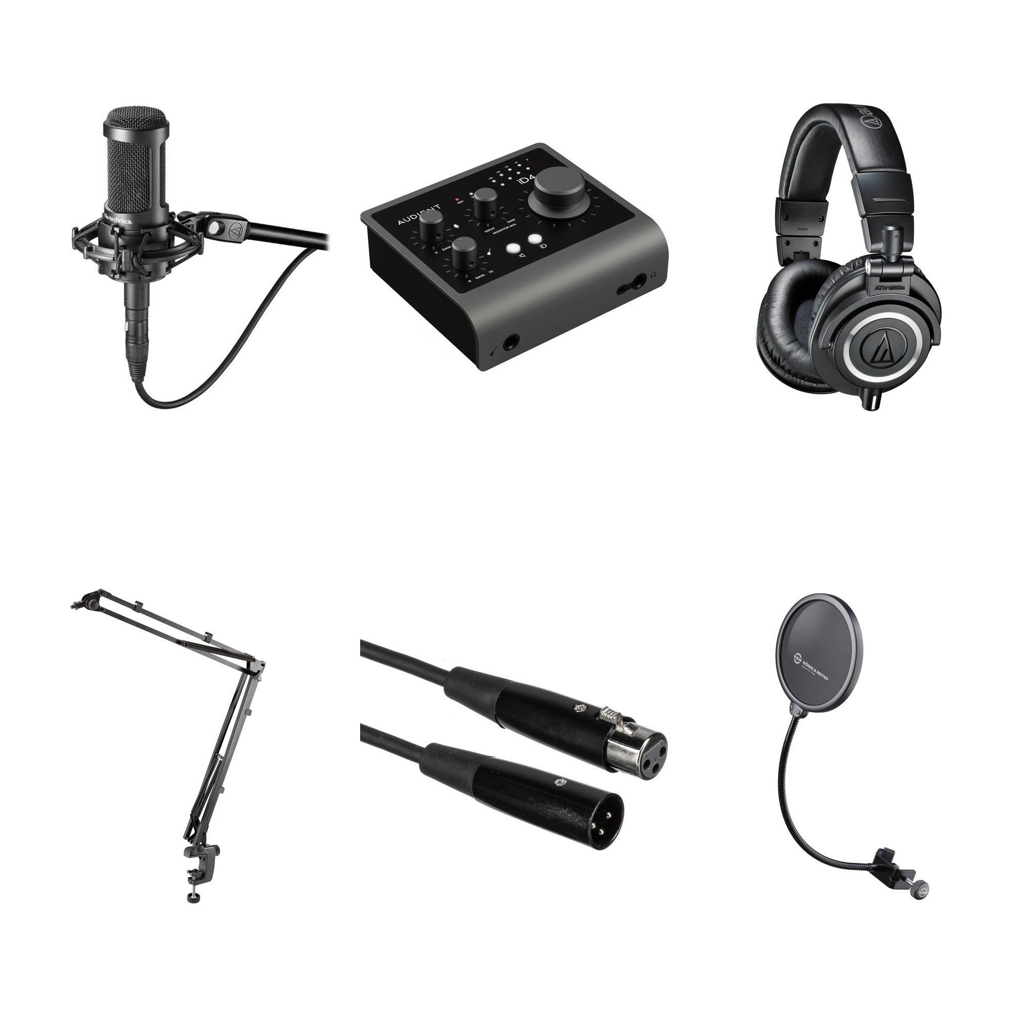 Collage showing the Audio-Technica AT 2035 microphone bundle with accessories for professional audio recording.
