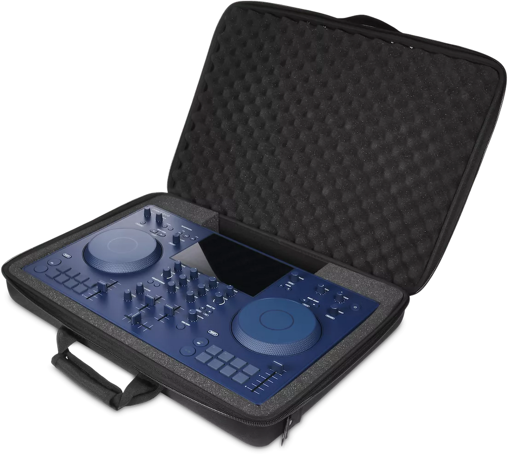 AlphaTheta Omnis-Duo Travel Ready DJ kit with a sleek bag, featuring audio equipment components for professional DJ setups.