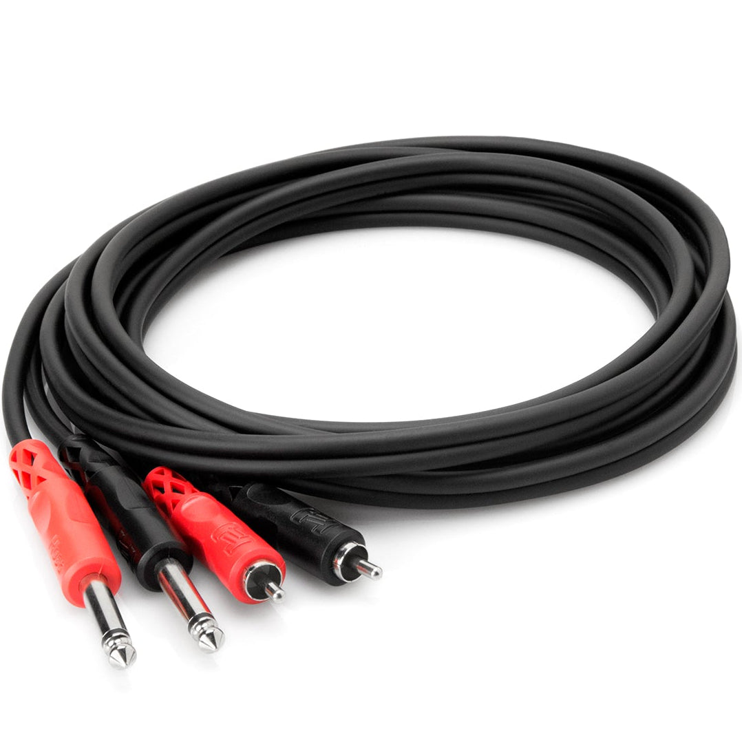 Hosa CPR-201 dual 6.3mm TS to dual RCA cable, 1 meter, coiled with red and blue connectors for audio connection.