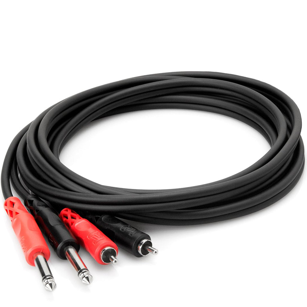 Hosa CPR-203 dual 6.3mm TS to dual RCA cable, 3 meters, coiled with colorful RCA connectors and black TRS/TS cable.