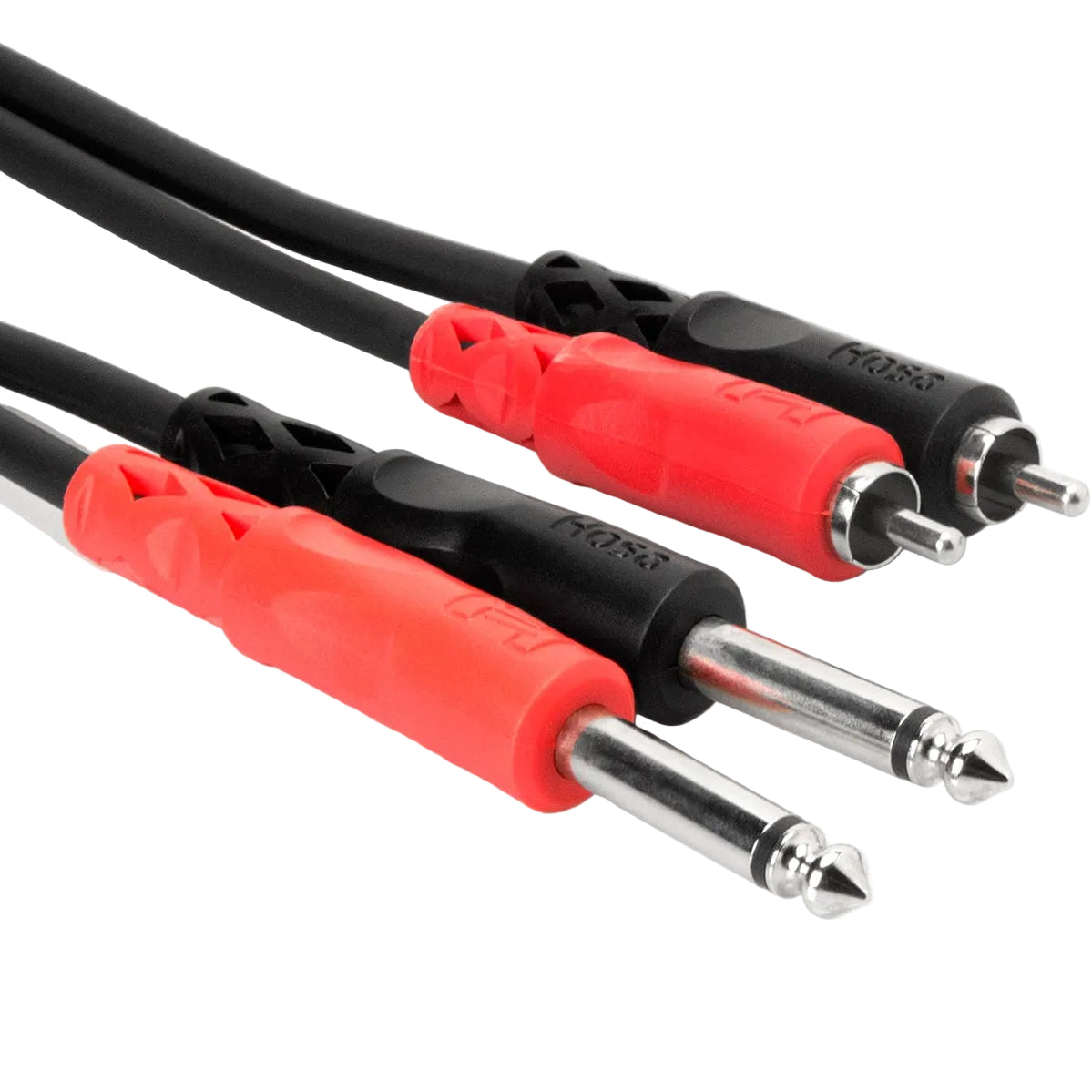 Hosa CPR-201 dual 6.3mm TS to dual RCA cable, 1 meter, with black connectors and red and white RCA plugs for audio connections.
