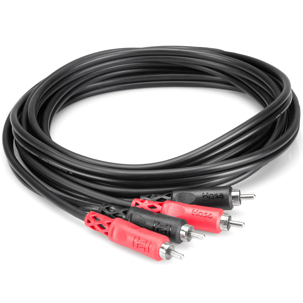 Hosa CRA-204 dual RCA cable coiled, 4-meter length, with red and white connectors for audio signal transmission.