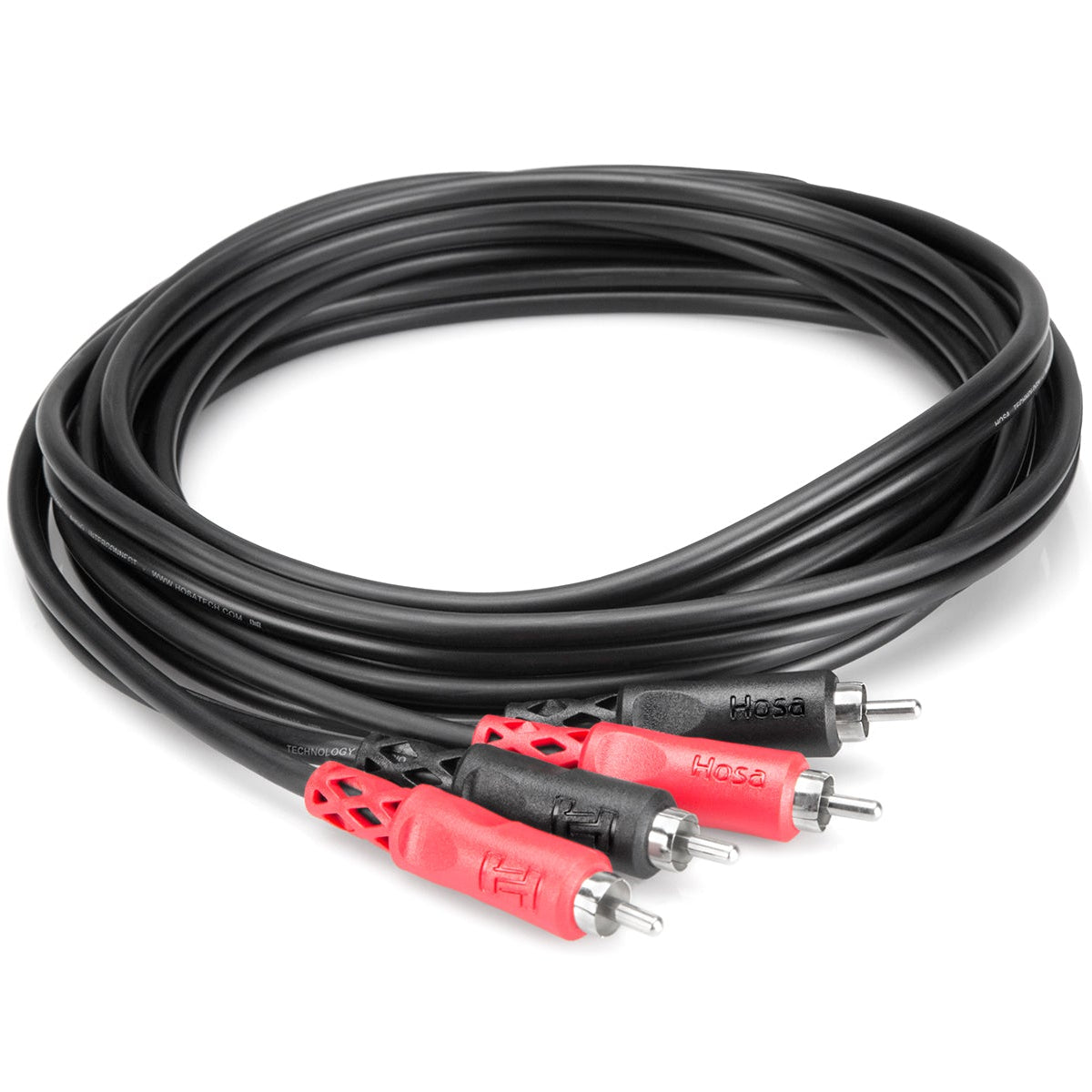 Hosa CRA-204 dual RCA cable coiled, 4-meter length, with red and white connectors for audio signal transmission.