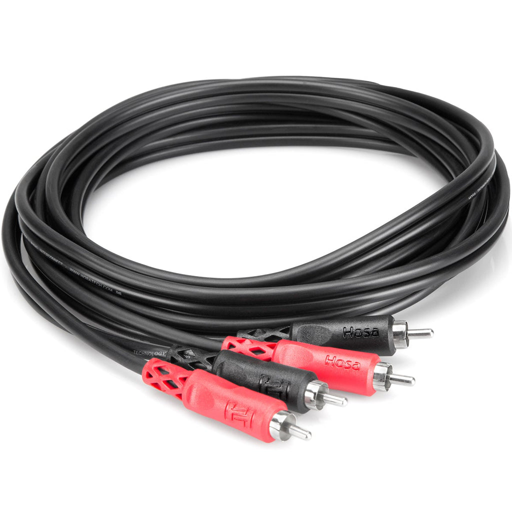 Hosa CRA-203 dual RCA cable, 3 meters long, coiled RGB-colored RCA to RCA audio cable showing connectors and cable coil.