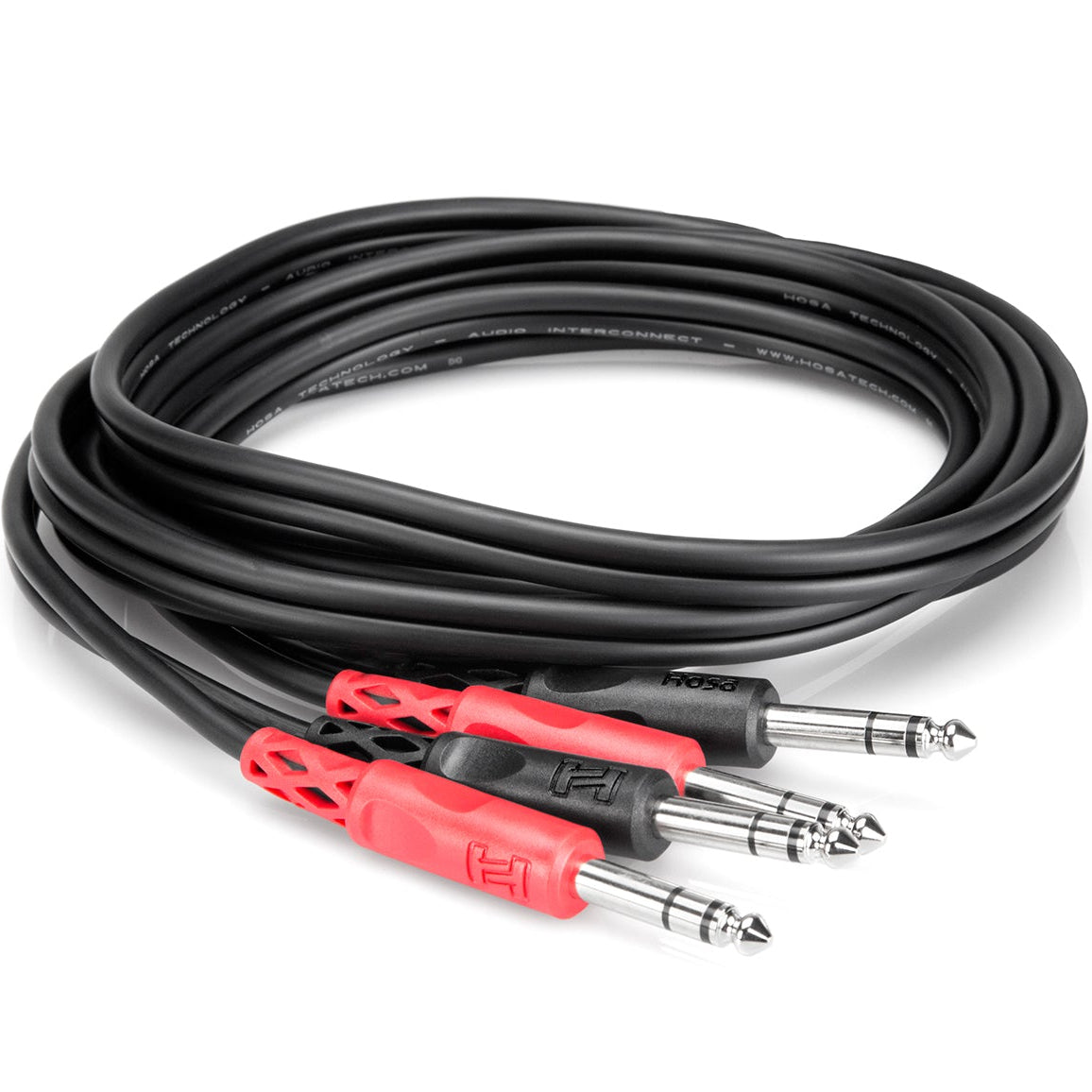 Hosa CSS-203 dual 6.3mm TRS cable coiled, 3 meters long, with two TRS connectors for audio connections