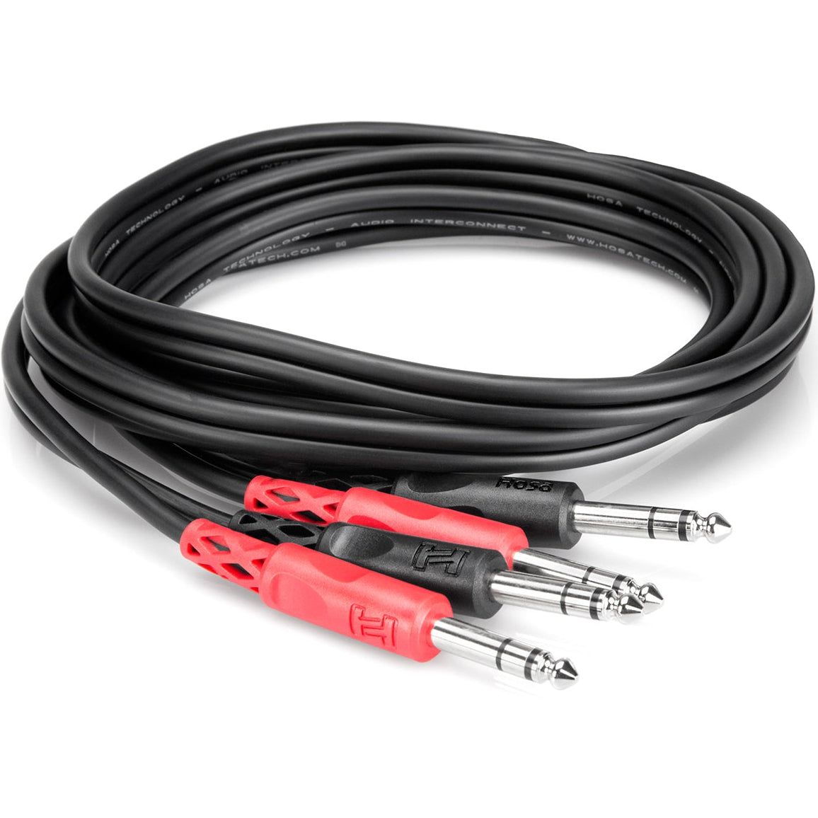 Hosa CSS-202 dual 6.3mm TRS cable coiled, 2 meters long, used for audio connections with stereo TRS connectors.