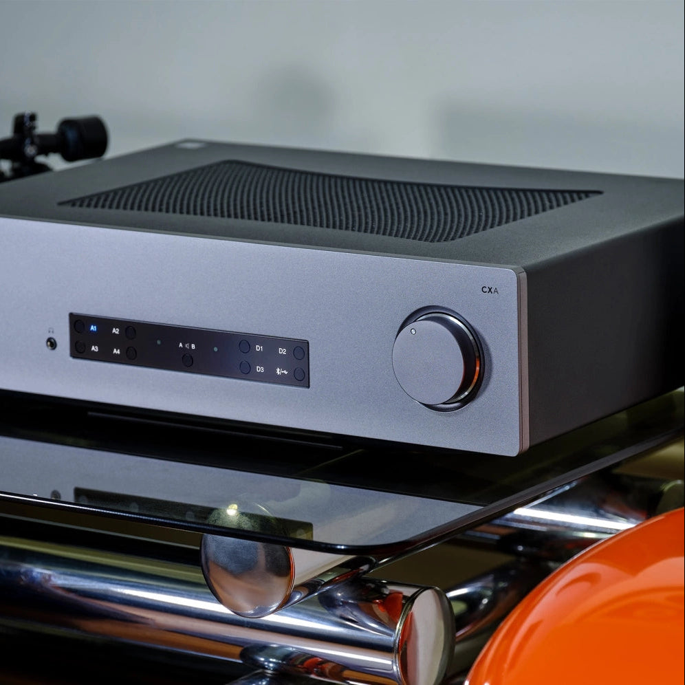 Cambridge Audio CXA81 MK2 stereo amplifier with sleek black design and multiple input options.