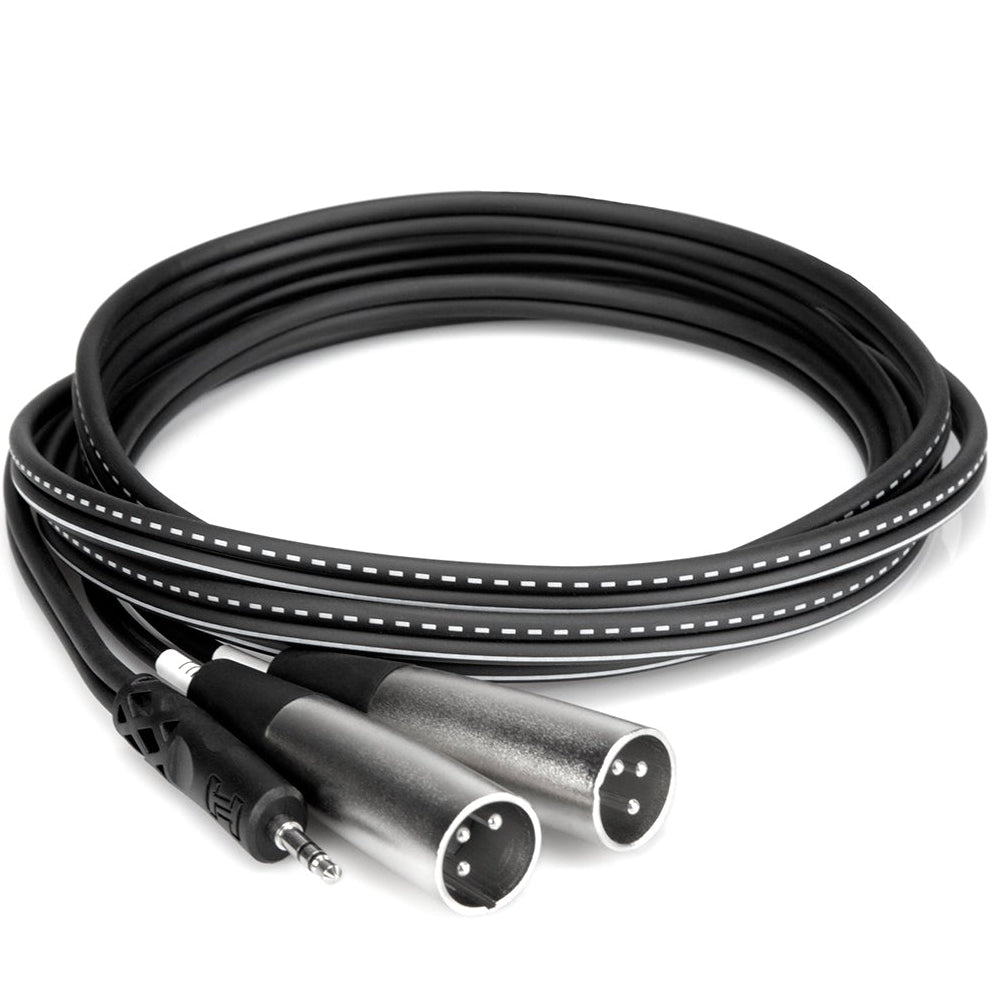 Hosa CYX-402M 3.5mm TRS to dual XLR-Male Y-cable, 2 meters, coiled with colorful RGB accents, for audio connections.