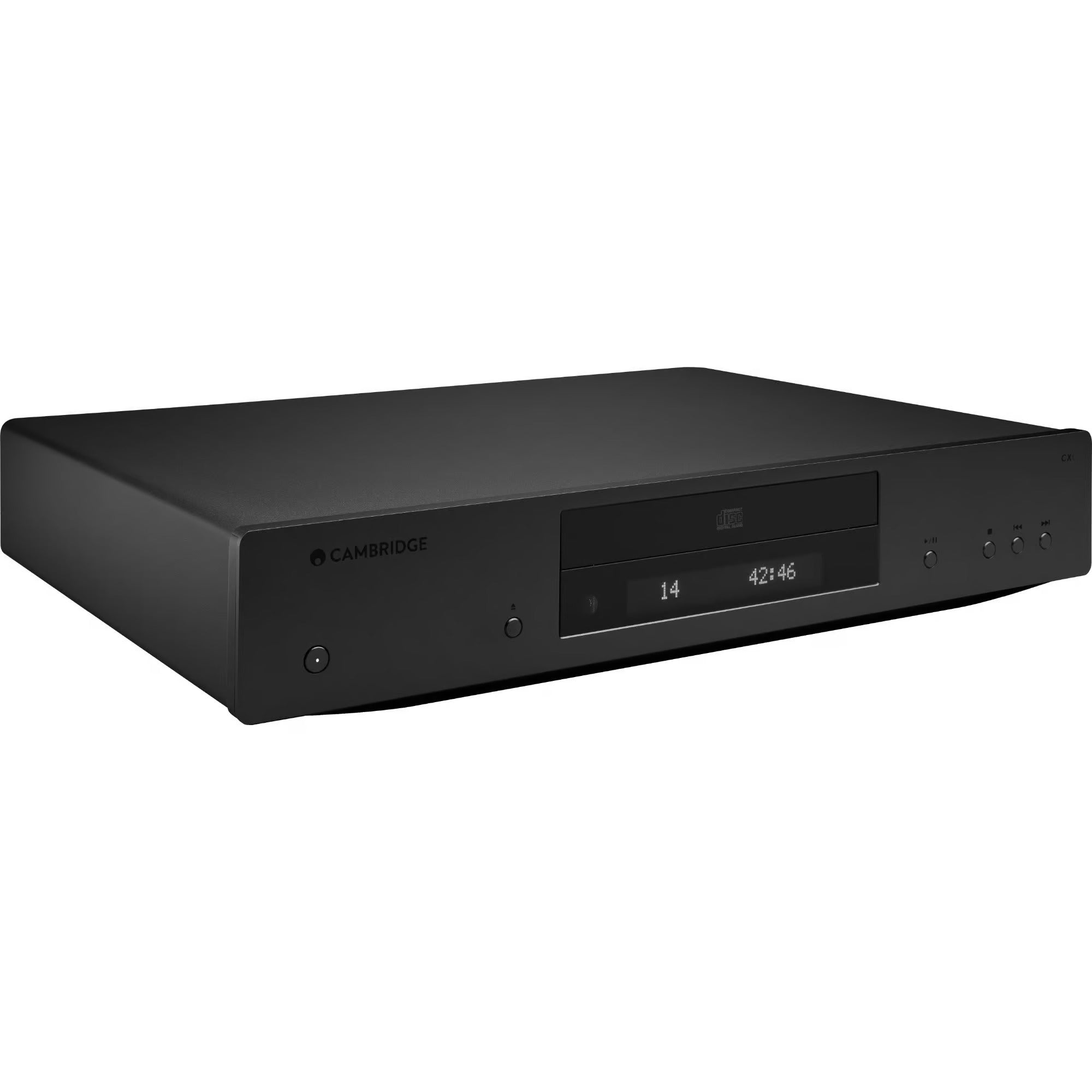 Cambridge Audio CXC CD player with silver finish, showing front panel and disc tray open for high-quality audio playback.