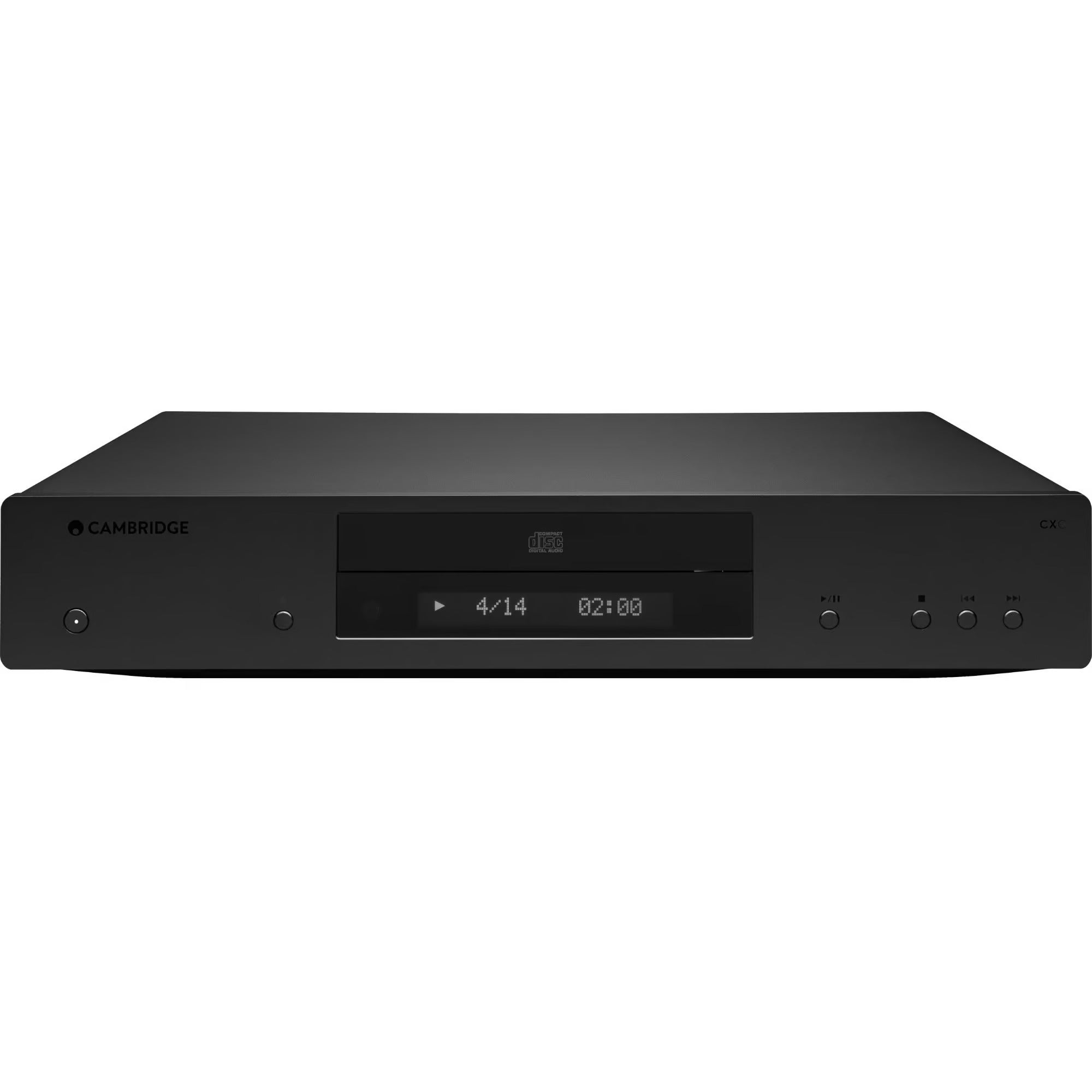 Cambridge Audio CXC CD player with silver finish and front loading tray, showcasing sleek design and control buttons.