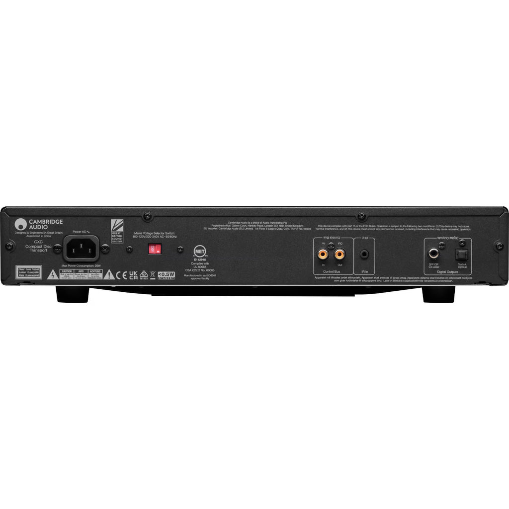 Cambridge Audio CXC CD player with sleek black design and front loading disc tray, showcasing high-quality audio equipment.