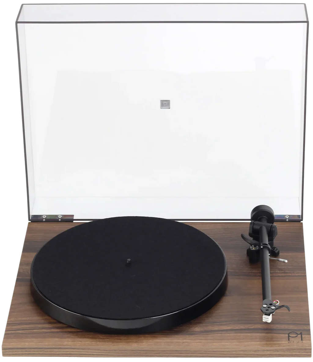 Rega Planar 1 Plus turntable with sleek wooden plinth, tonearm, and adjustable feet, showcasing a modern audio equipment design.