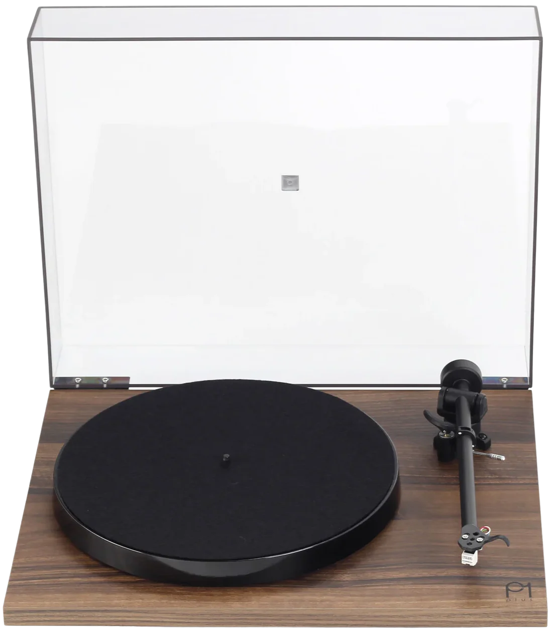 Rega Planar 1 Plus turntable with sleek wooden plinth, tonearm, and adjustable feet, showcasing a modern audio equipment design.