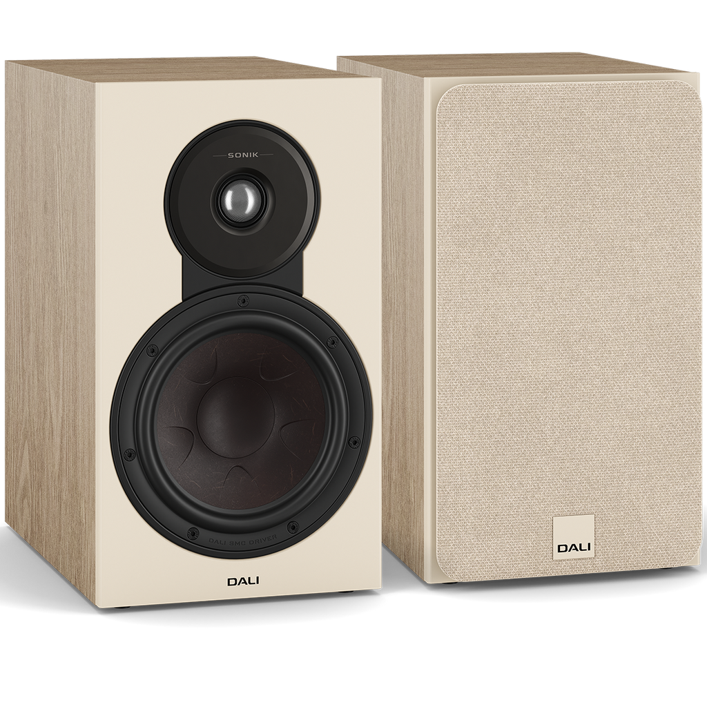 DALI Sonik 3 passive bookshelf speakers with sleek black cabinets and compact design, ideal for home audio systems